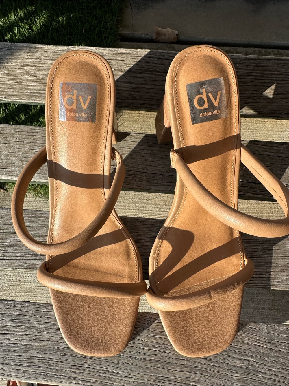 Dolce Vita Camel Tan Minimal Strappy Block Heel Sandals